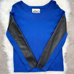 AIKO Sweater Womens Size Medium Blue Cashmere Blend Sheep Leather Colorful Moto